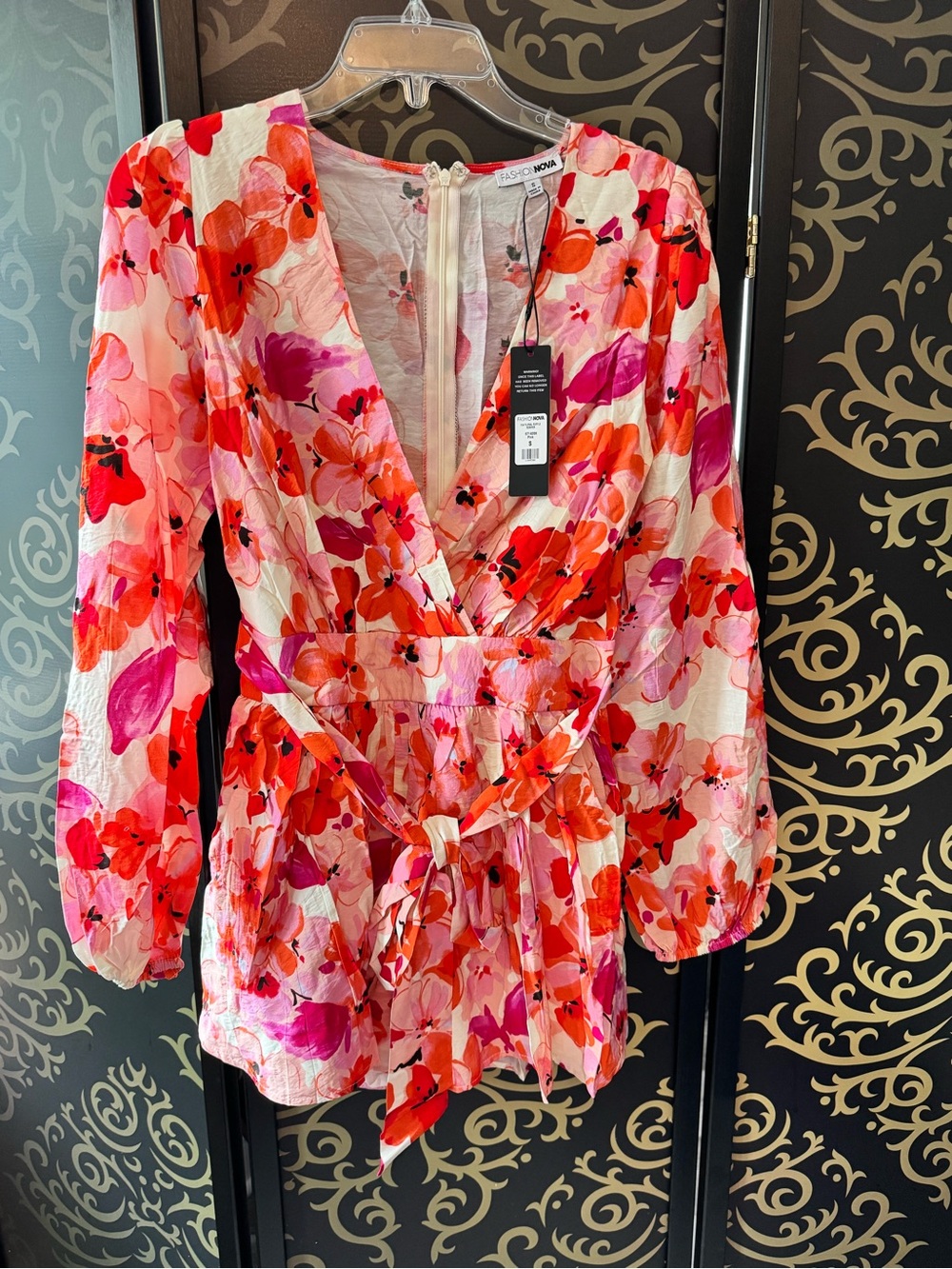 Fashion Nova Pink & Red Floral Wrap Romper